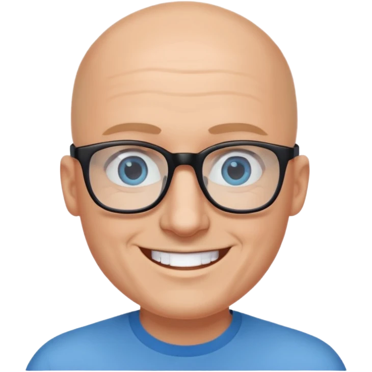 bald man with blue eyes and black rectangle eye glasses smile emoji