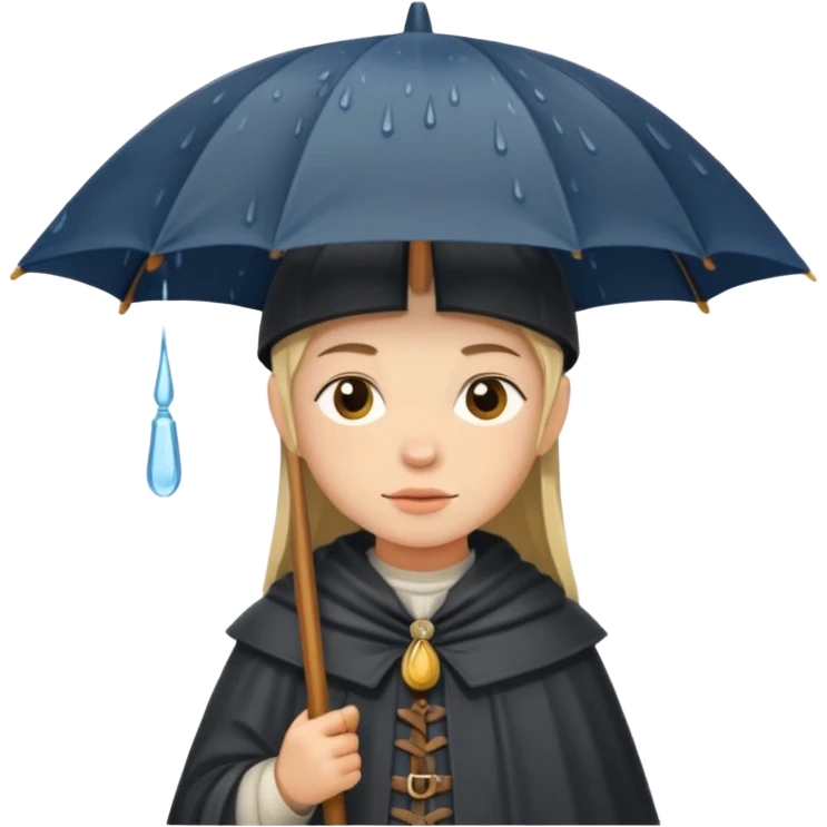 vorrei un piccolo pellegrino medievale in stile stickers sotto la pioggia con un grande ombrello emoji