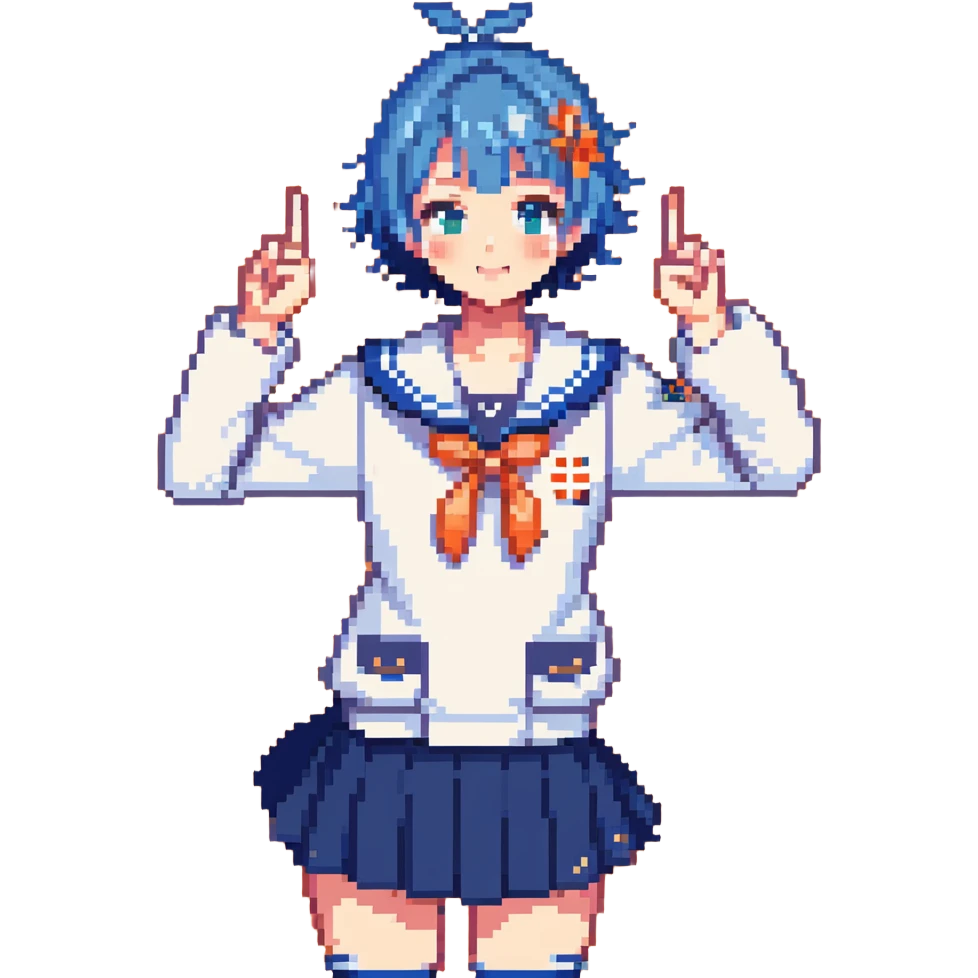 Pixel art energetic anime girl with short blue hair wearing Japanese sailor style school uniform, striking a victory pose, very cheerful emoji