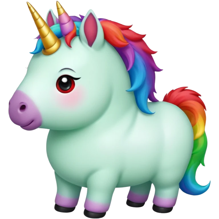 Small chubby unicorn in colours of jade green, black and red eyes, farting rainbow emoji