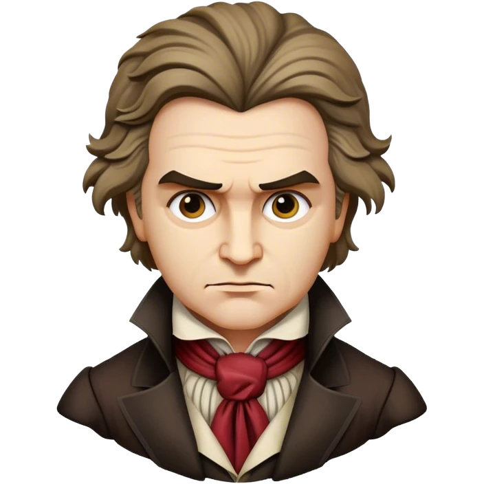 Cinematic Realistic Beethoven Portrait Emoji, depicted as a passionate composer with intense expressive features in period attire, rendered with rich textures and dramatic moody lighting that captures the turbulent genius of his music. emoji