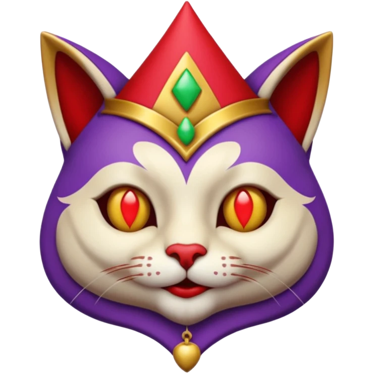 crazy colorful cute little cat jolly joker from poker, medieval, vintage, court jester, mac os icon, purple, gold and red color, half body. Squared shape as 3D mac os icon, symmetrical emoji