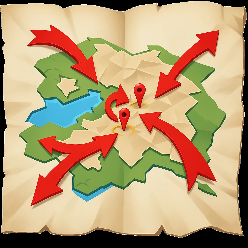Add bold red arrows to the map, indicating an upcoming offensive attack strategy. Keep the emoji style and all original details. emoji
