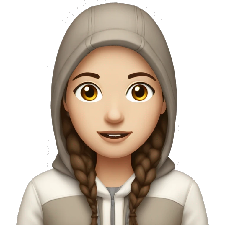 white girl with straight brown hair and dark brown eyes wearing a white and brown winter outfit emoji