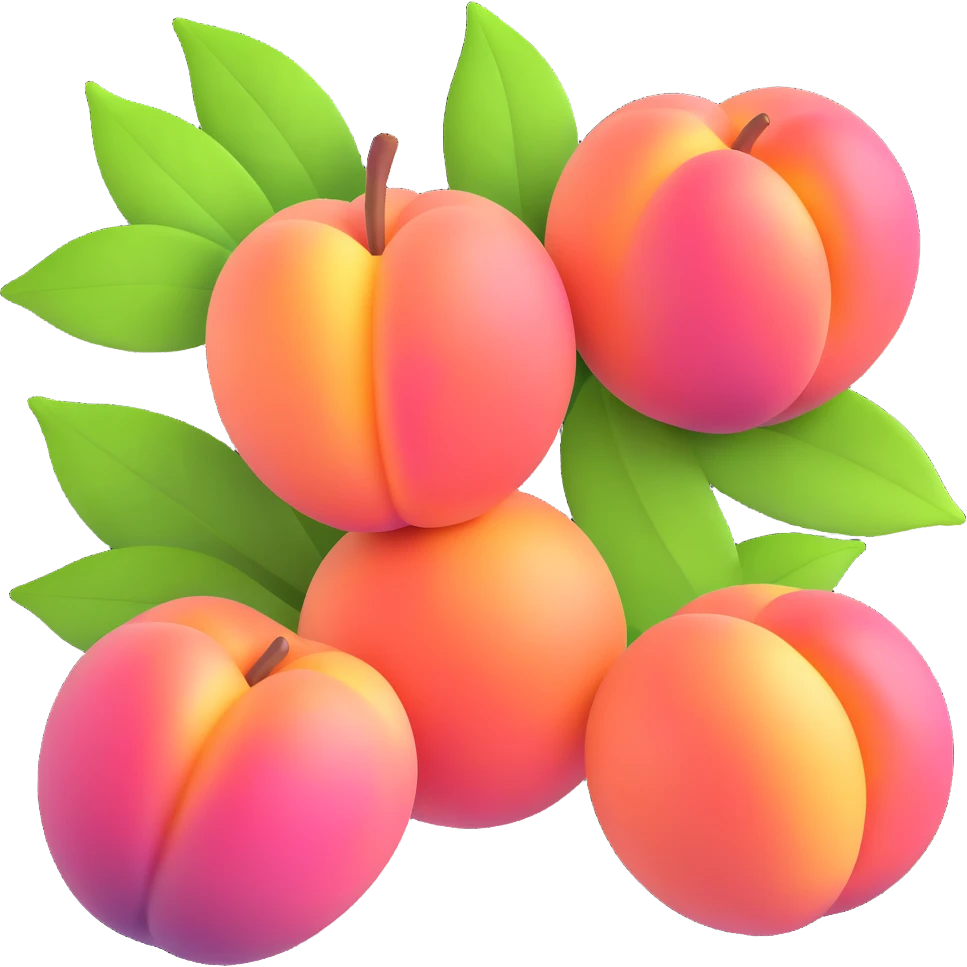 Three peaches with green leaves, vibrant pink peaches with green leaves. emoji