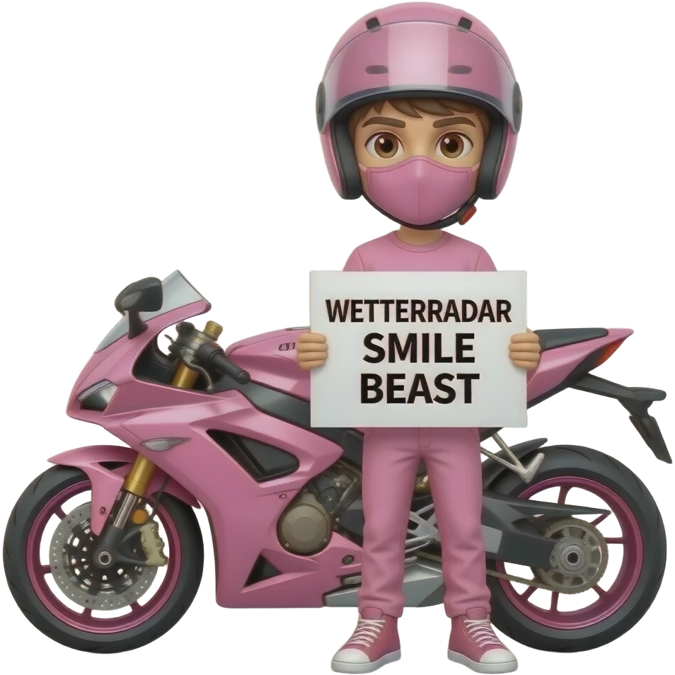 sexy boy with a motorcycle helmet in pink clothes and a pink motorcycle wearing a pink mask holding a WETTERRADAR SMILE BEAST sign emoji