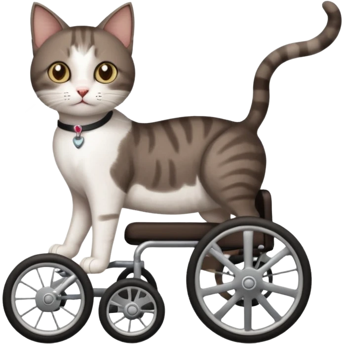 full body small short hair dark brown and white cat with hazel eyes walking in a wheelchair for cats emoji