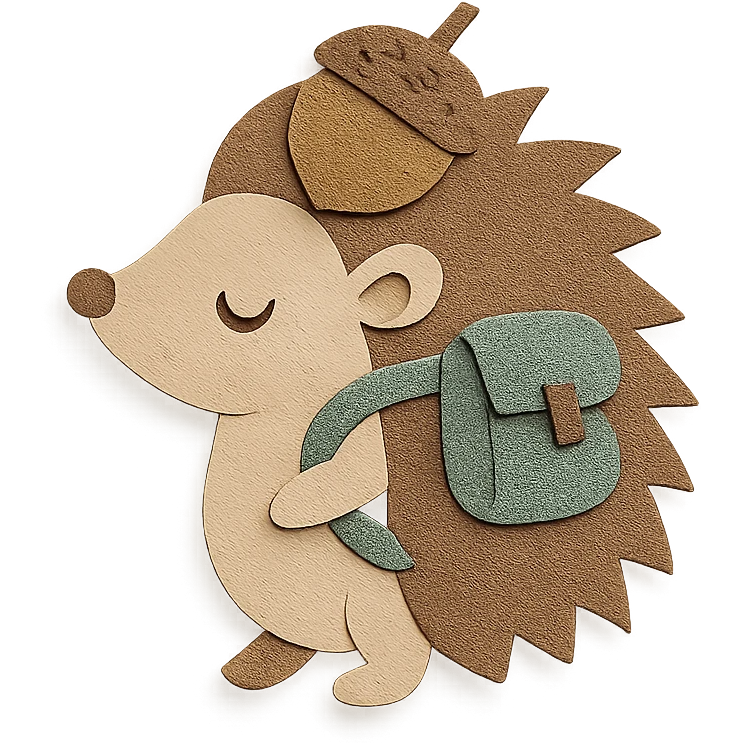 hedgehog with a tiny backpack and acorn hat, muted browns and sage green, paper-craft style emoji