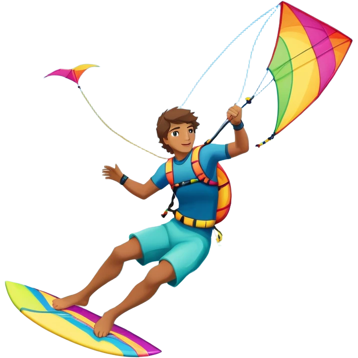 A professional kite surfer performing a high-flying trick on the waves, with a colorful kite soaring above. The background features a stunning landscape of rolling ocean waves, a bright sky, and distant mountains, emphasizing the skill and freedom of the sport. emoji