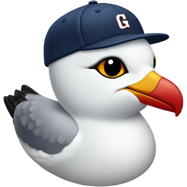 Seagull with wearing navy color baseball cap emblazoned with a red G initial emoji