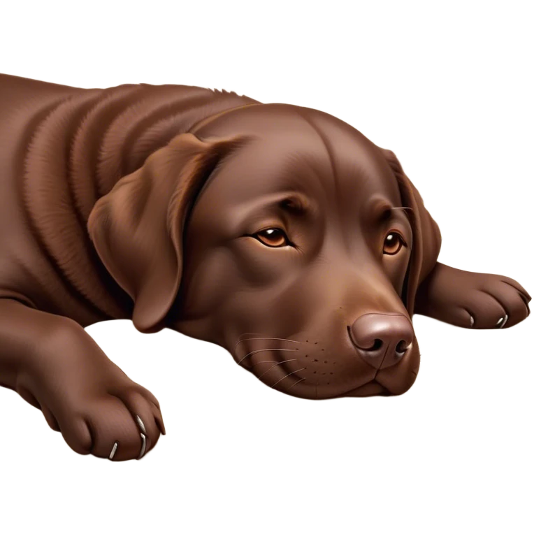 Meme-Worthy Cute Sleeping Chocolate Labrador Portrait Emoji, Head resting peacefully with a contented smile, showcasing a delightfully robust build and a luxuriously soft chocolate Fur, eyes shut in a serene nap, Simplified yet hilariously adorable features, highly detailed, glowing with a soft, drowsy light, high shine, relaxed and utterly lovable, stylized with an air of playful laziness, bright and heartwarming, soft glowing outline, capturing the essence of a comically sleepy companion, so meme-worthy it feels like it could instantly become the next viral sensation of adorable slumber! emoji