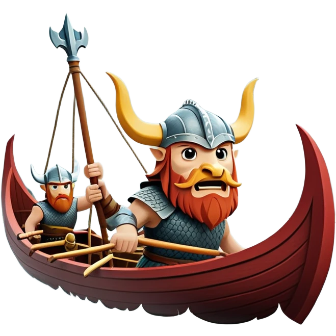 clash-of-clans-aesthetic_-cinematic-viking-longboat, rendered in a flat, bold vector style with minimal shading, featuring a striking dragon-headed prow slicing through waters. shields on the side and vikings rowing The longboat’s, the boat has carved motifs evoke a sense of epic adventure and Nordic might, with billowing sails catching a dramatic, stormy sky backdrop. emoji