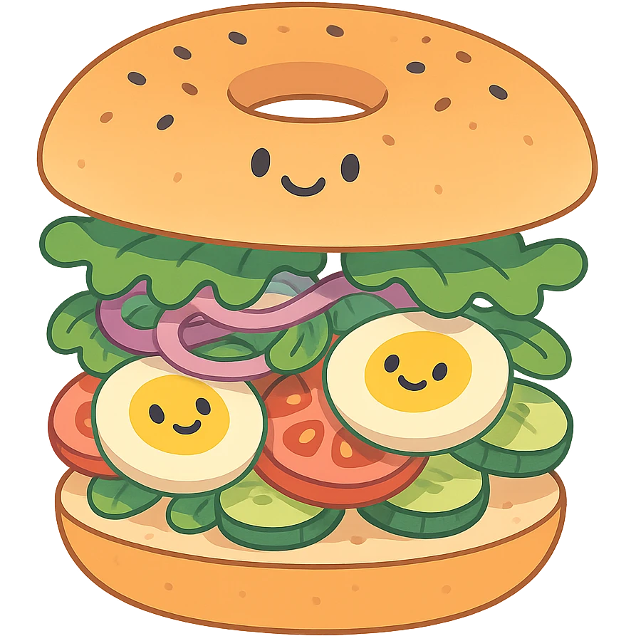 bagel sandwich sliced open filled with colorful vegetables and eggs with soft natural lighting and pastel background emoji
