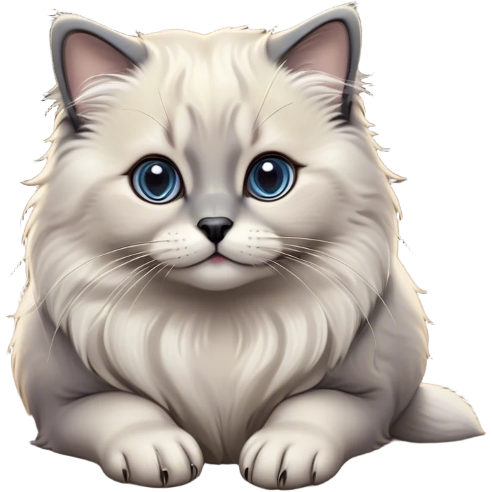 Cinematic Adorable Fluffy Grey Seal Ragdoll Cat Portrait Emoji, Head tilted cutely with big, sparkling eyes, soft grey fur with darker seal points on the ears, face, and paws, Simplified yet irresistibly adorable features, highly detailed, glowing with a soft, warm glow, high shine, affectionate and playful, stylized with a touch of whimsy, bright and endearing, soft glowing outline, capturing the essence of a curious and loving kitten, so cute it feels like it could leap out of the screen and snuggle up for a cuddle! emoji
