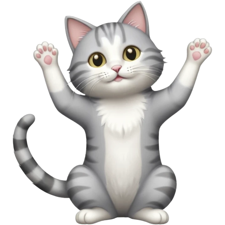 grey and white cat doing a big long stretch reaching up into the air emoji