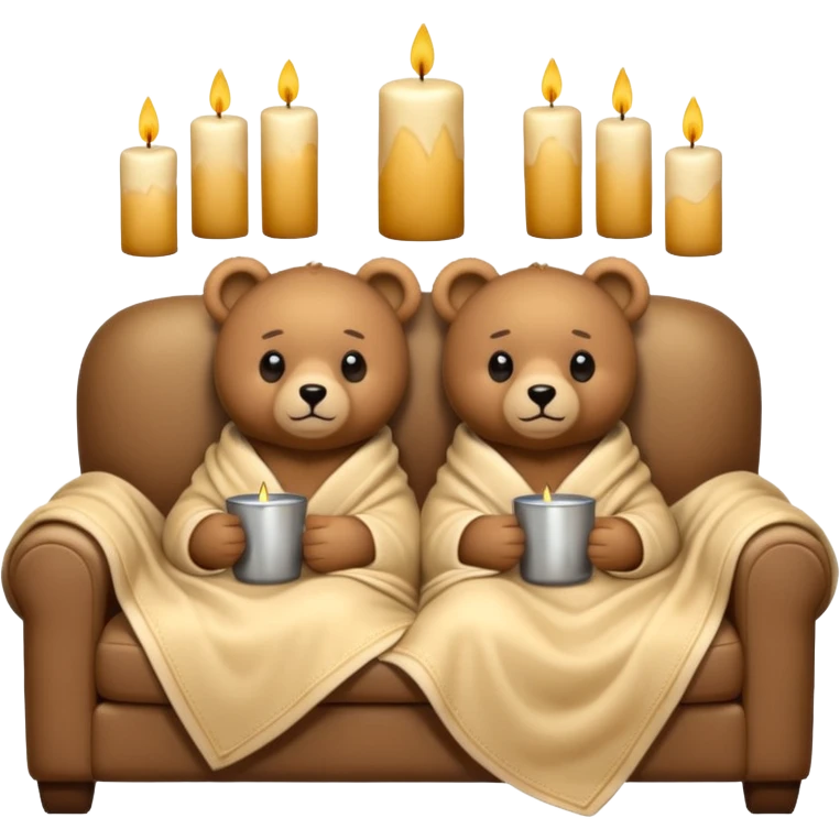 Two cozy teddy bears wrapped in a blanket watching tv on couch with candles next to them emoji