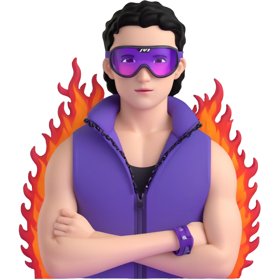 male athlete with white skin and moderately curly black hair on top with shaved sides, wearing ski goggles with purple frames and very dark black lenses, a simple plain black chain necklace, and a completely unzipped sleeveless vest with purple and black sequin fire pattern design with no logo or brand emblem, fully revealing his chest, shoulders and arms, no earrings emoji