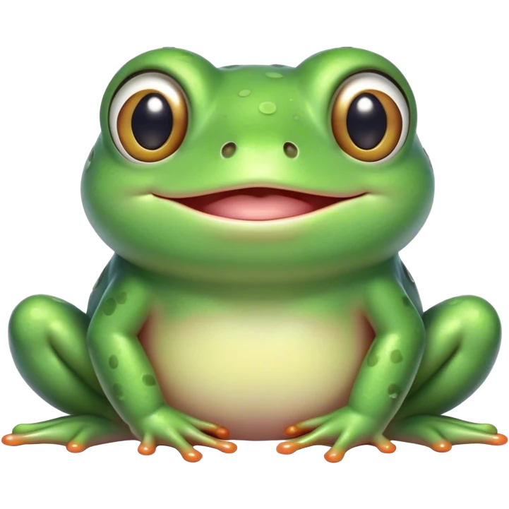 A cute, round green frog with big shiny eyes, blushing cheeks, and a small, happy smile. The frog has a soft, cartoonish style with pastel colors and a cozy, friendly appearance emoji
