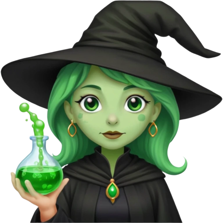 Witch with Green Skin – long-nosed witch in black hat holding potion emoji