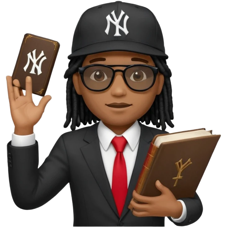 African American man with shoulder length black dreadlocks wearing black sunglasses wearing a New York Yankees logo baseball cap wearing a black suit with white shirt and red tie with a Bible in right hand with left hand raise out standing behind a church pulpit emoji