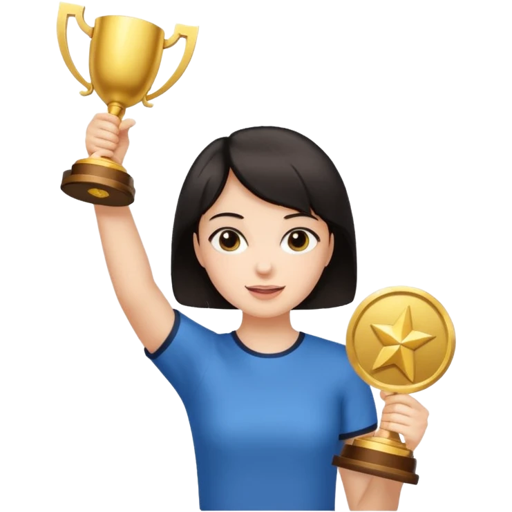 Девушка с тёмными короткими волосами с поднятыми вверх руками с кубком  emoji