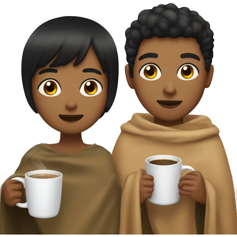 LIGHT BROWN SKIN BOY, with SHORT STRAIGHT BLACK HAIR and a TAN SKIN GIRL, with BLACK HAIR and BANGS, inside the same blanket sipping coffee emoji