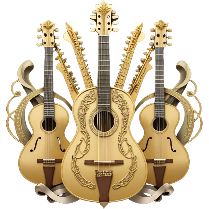 Create a complex, ceremonial, and professional emoji resembling a coat of arms, symbolizing plucked string instruments. The design should feature a combination of elements such as the necks and fretboards of various plucked string instruments like guitars, harps, and mandolins. The strings should be clearly visible, and the frets should be detailed. Intertwining with the instruments, there should be a flowing ribbon of musical notes, curving elegantly around the instruments and connecting them. The colors should include golden metallic tones, warm wood finishes, and silver accents to emphasize the professional and festive nature of the design. The background should be regal, using subtle textures or patterns to give a sense of grandeur, while keeping the instruments and notes as the focal point. The design should evoke a sense of celebration and sophistication, reflecting the rich tradition of plucked string instruments. emoji