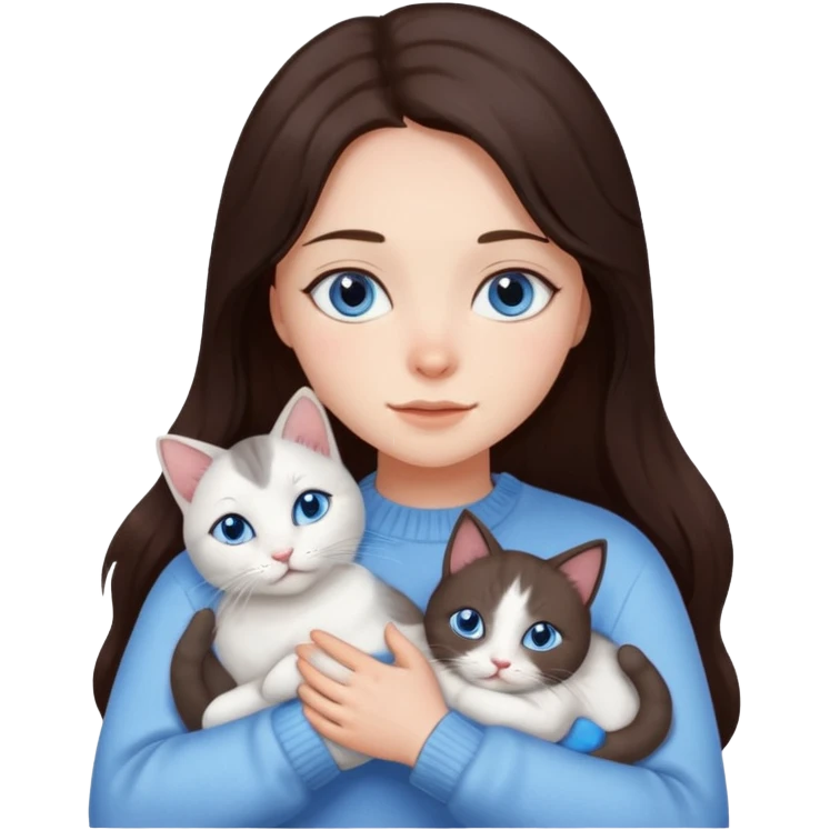 a girl with long dark 
brown hair, with blue eyes, in a
white sweater, hugs 3 different natural coloured cats emoji