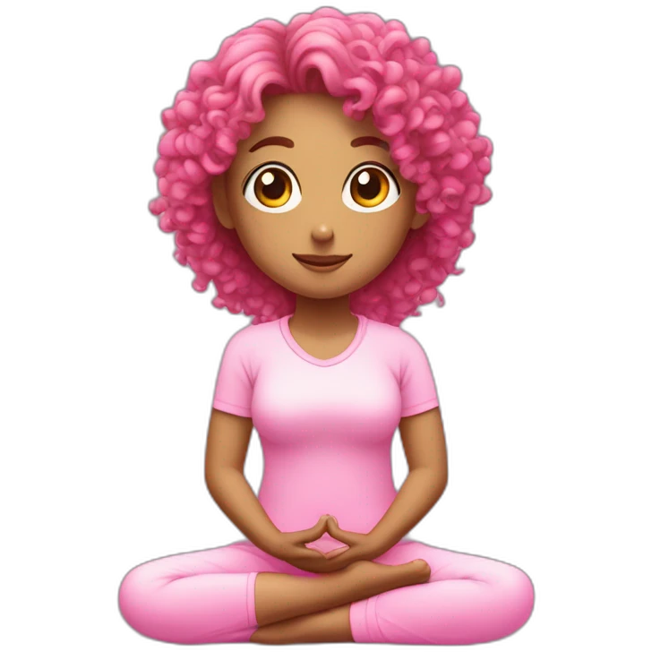 curly hair pony tail girl doing meditation wearing pink emoji