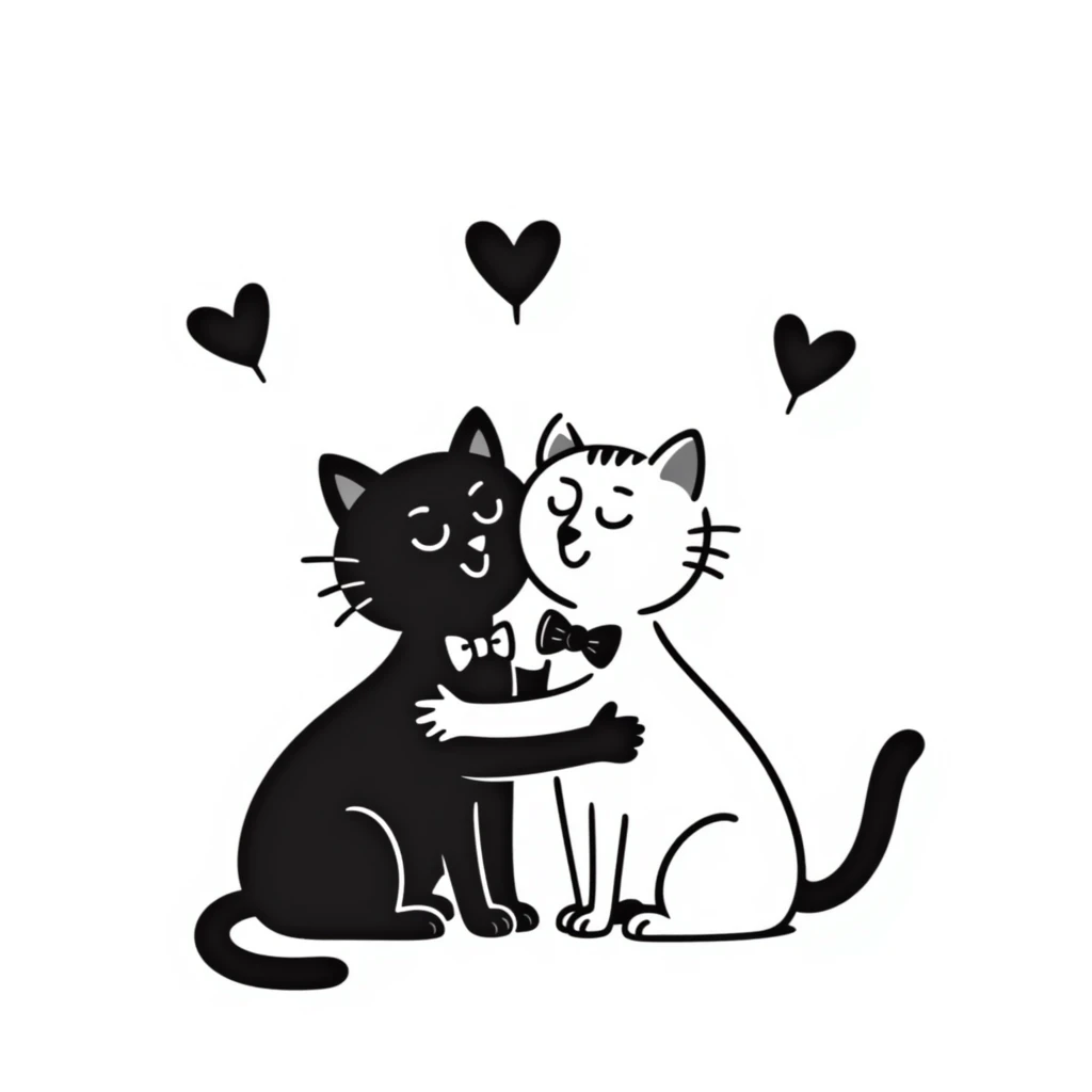 two cats in love, hand-drawn doodle style with hearts emoji
