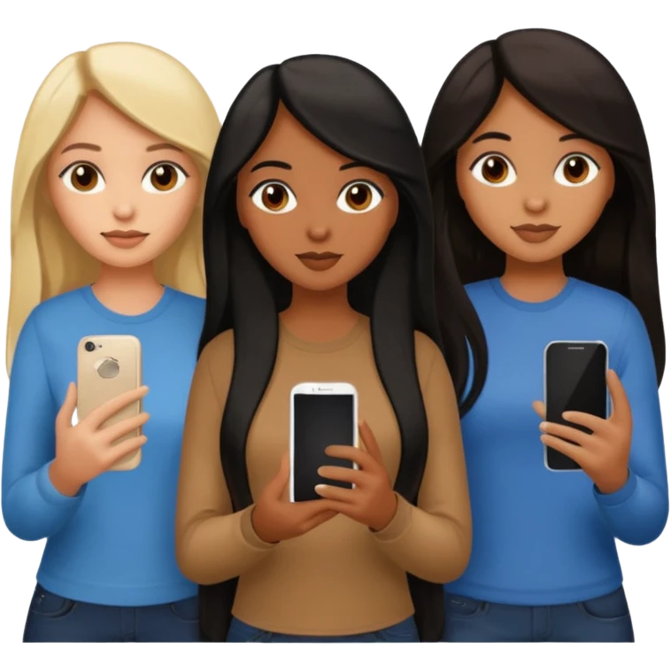 3 brown girl friends with a phone on their hand, one with black long hair, one with brown hair long and the other one with black and blonde hair,  emoji