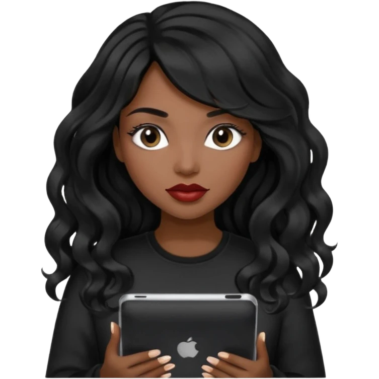 A young woman with long black hair, a wavy frange falling on half of her head.  She's black, medium to dark skinned with thick lips. She's holding an iPad, but she's wearing black casual clothes. she has long eyelashes. emoji