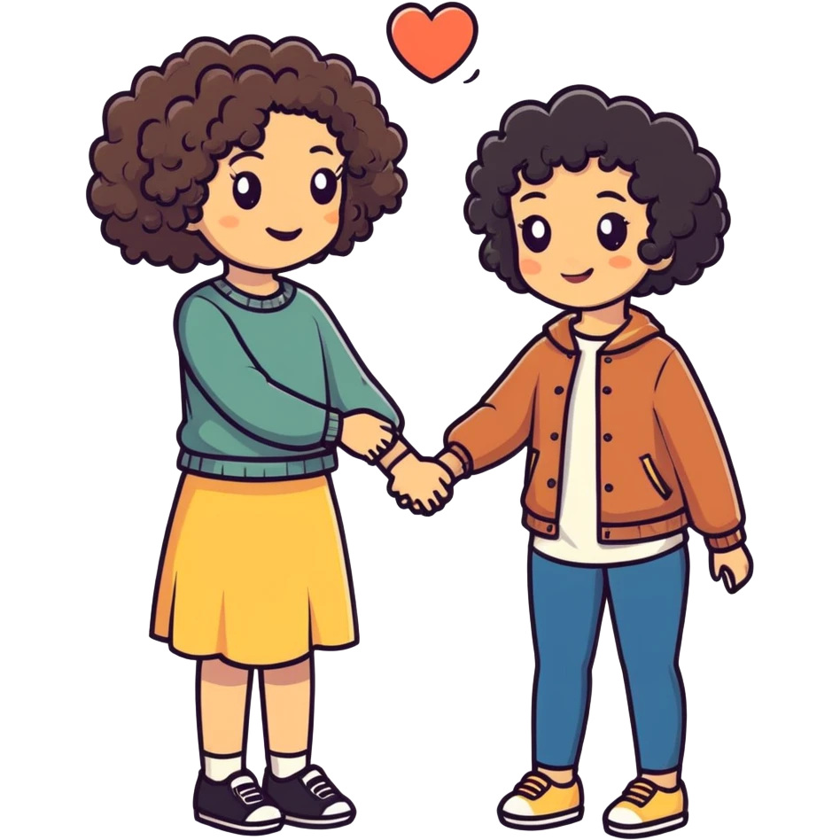 Curly light skin girl with curly dark hair white girl, holding hands emoji