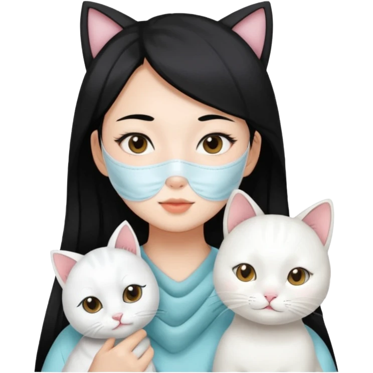 Asian girl with pooo hair and whole facial sheet with one  white cat emoji
