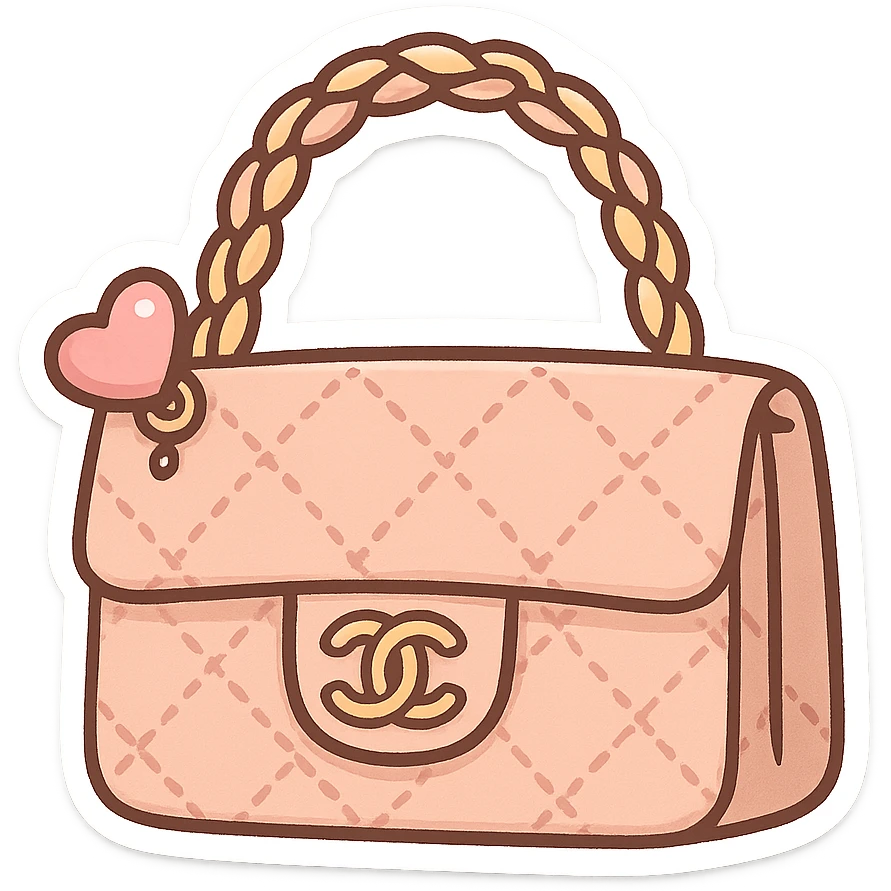 a cute and exaggerated chibi stickers style Chanel purse with a quilted pattern and heart charm emoji