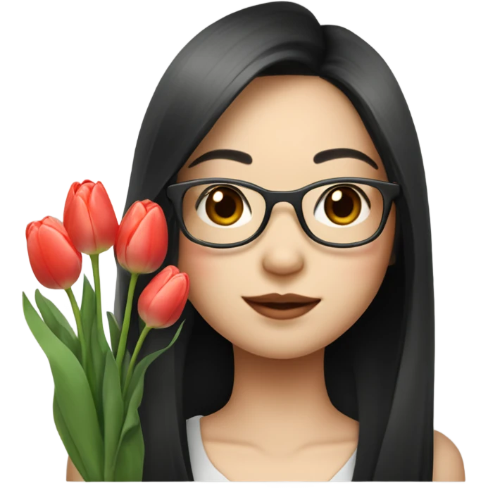 asian pale skin girl with long black shaking hair and bangs and glasses holding tulips emoji