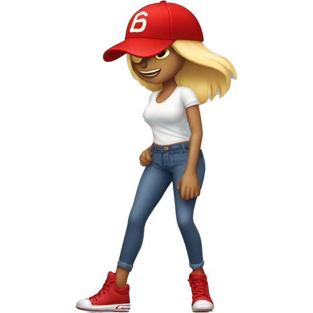 Female leg in pants and high heels stomping on a red baseball cap emoji