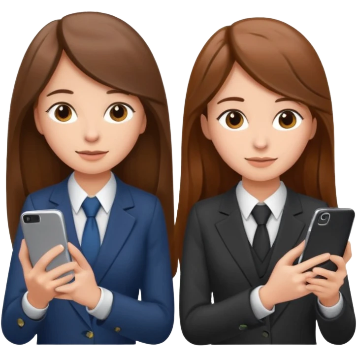 two brown haired girls, looking professional maybe leaned on each others back and looking forward and using phones, with long hair and one girl can hold lap top another one can hold the phone, professional clothes emoji