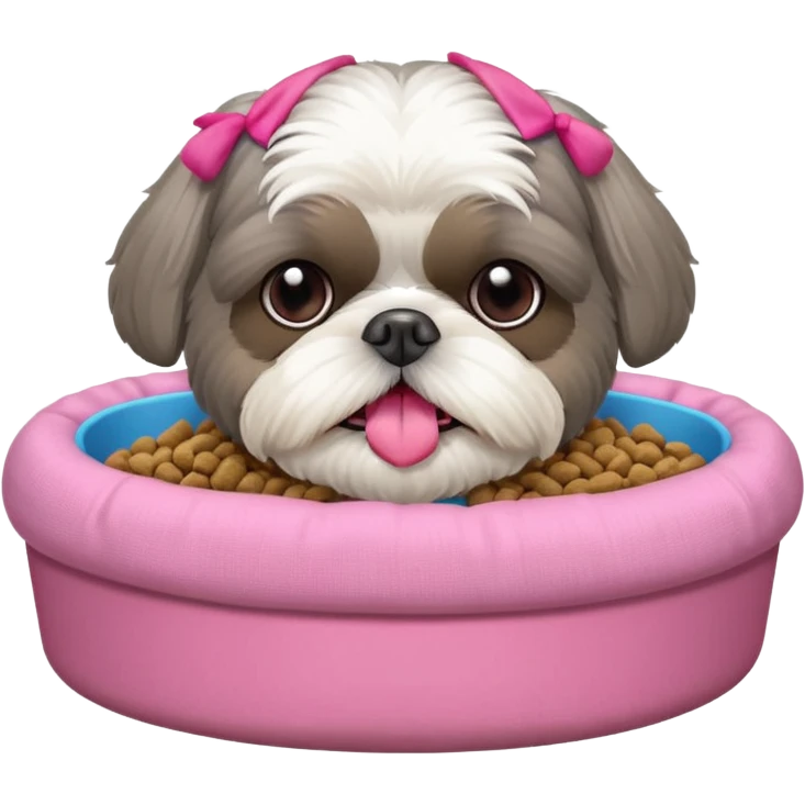 old ALL grey shih tzu in pink dog bed tongue hanging out with a bowl of food emoji