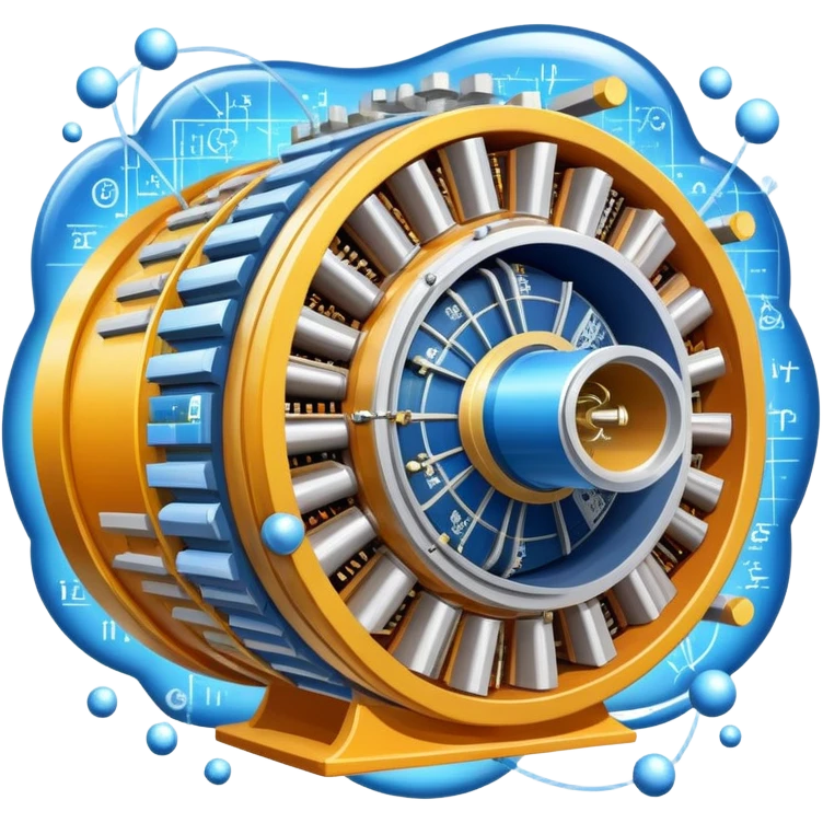 An icon featuring a physics textbook, a large Hadron Collider with particles flying off, symbolizing the study of physics. The design includes atomic models, energy waves, and scientific formulas, representing fundamental physical principles and research. Transparent background. emoji