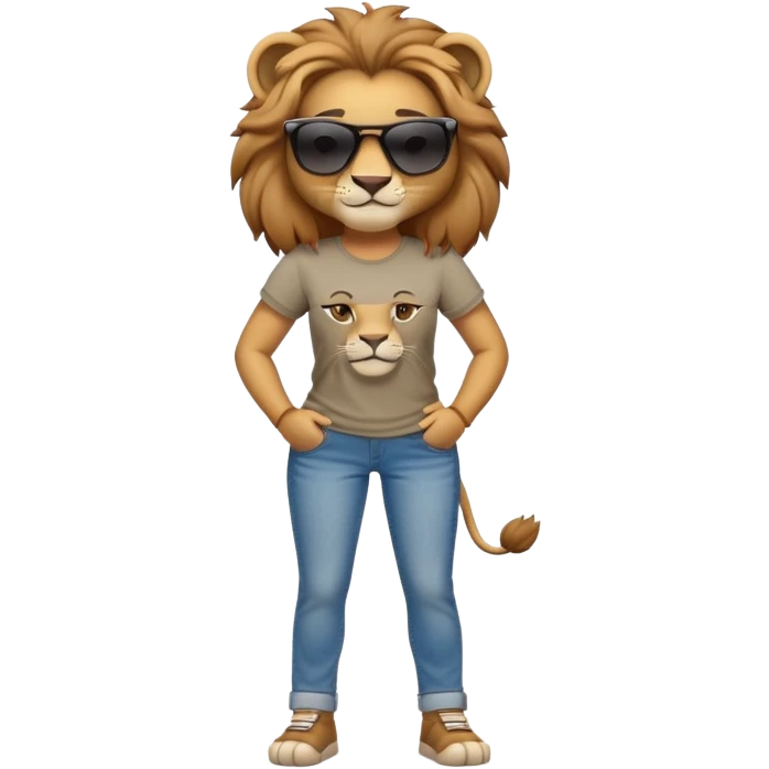 friendly anthropomorphised female lion character, full body, standing confidently with arms folded, wearing jeans, a t-shirt, and dark sunglasses, with a confident smile emoji