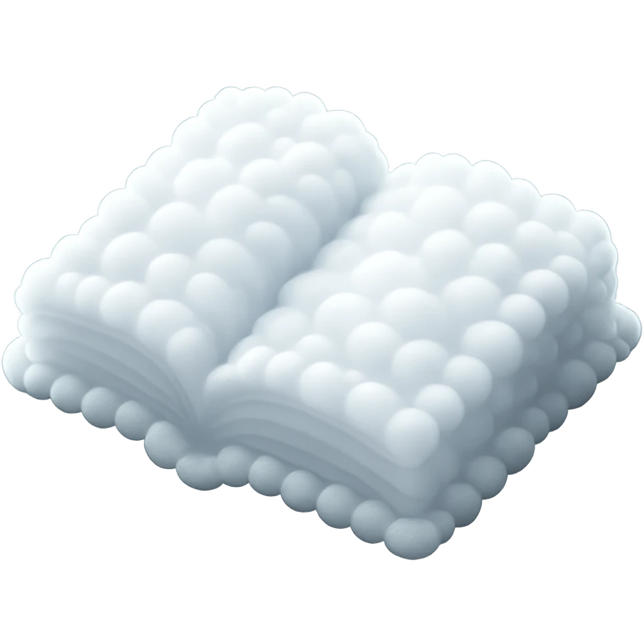 top view of a thick open book made entirely of small, very bright white fluffy convex clouds, matte glass style emoji