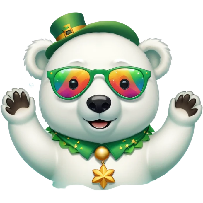friendly anthropomorphised polar bear smiling, wearing large multicolored star-shaped glasses and festive St. Patrick's Day outfit, floating on back in water emoji