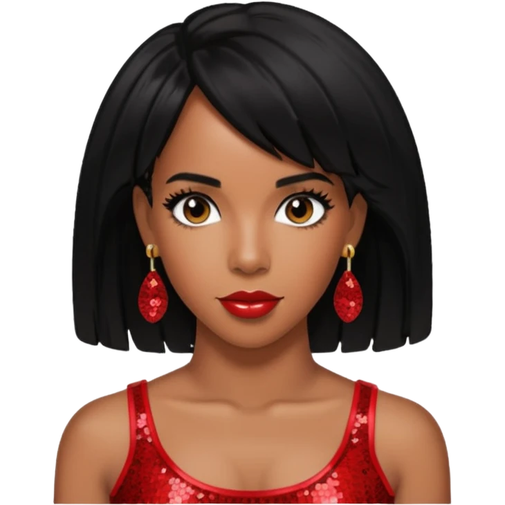 Kelly Rowland with black hair, red sequin crop top, red earring emoji