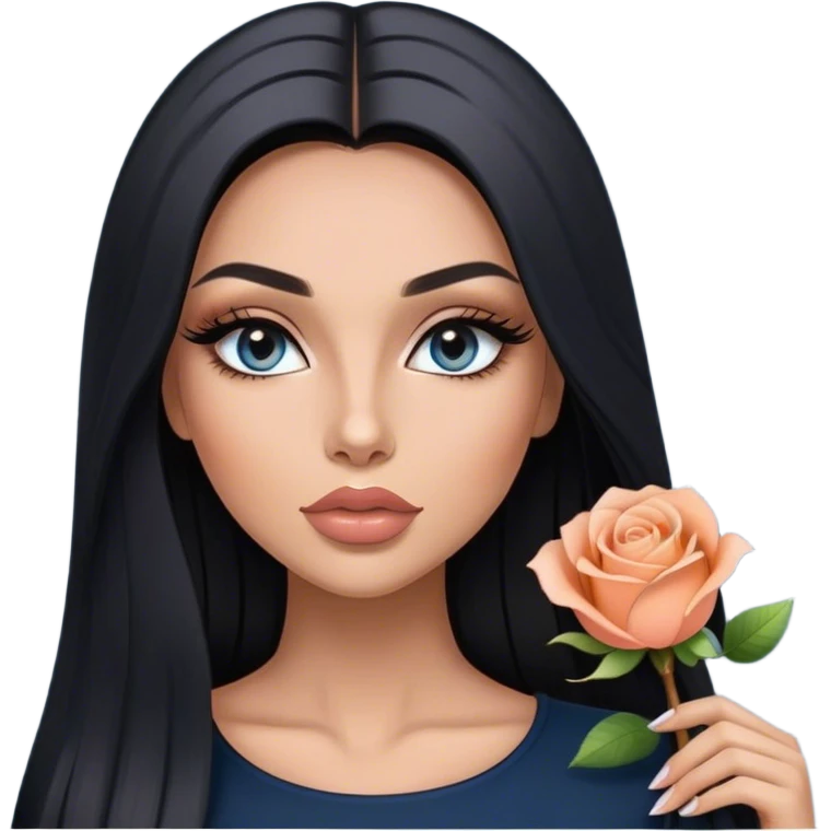 Glamours, tanned, very beautiful girl, with big pump peach-beige-rose lips, long long lashes, black straight smooth silky long hair, straight parting hair, blue-grey eyes in black clothes emoji
