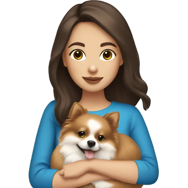 Brunette girl with light skin and Blue eyes holding a  pomeranian  emoji