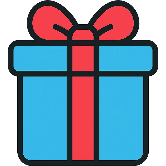 Add color to the gift icon using a bright, cheerful palette with a red ribbon and a blue box, keeping the icon style clean and minimal. emoji