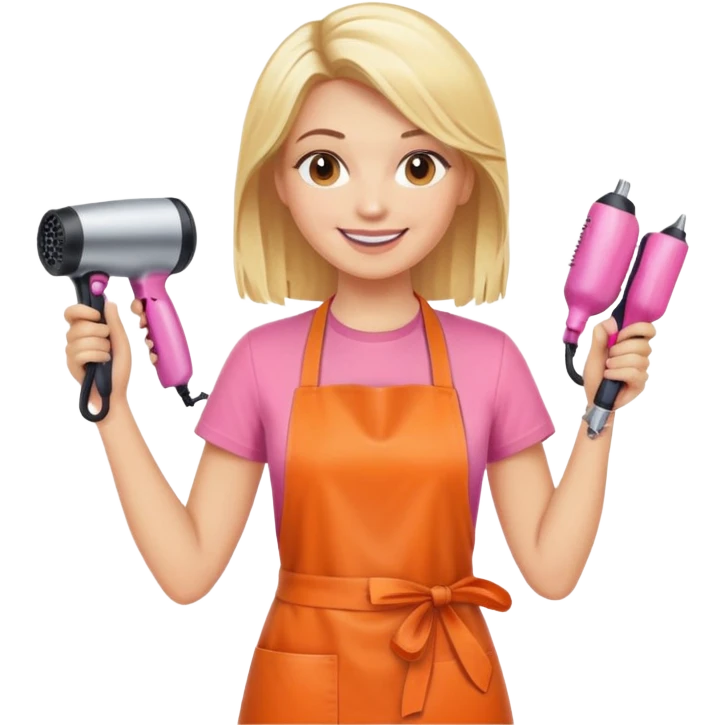 smiling blonde woman hairstylist, pink t-shirt, orange apron, hands raised, holding scissors and hairdryer emoji