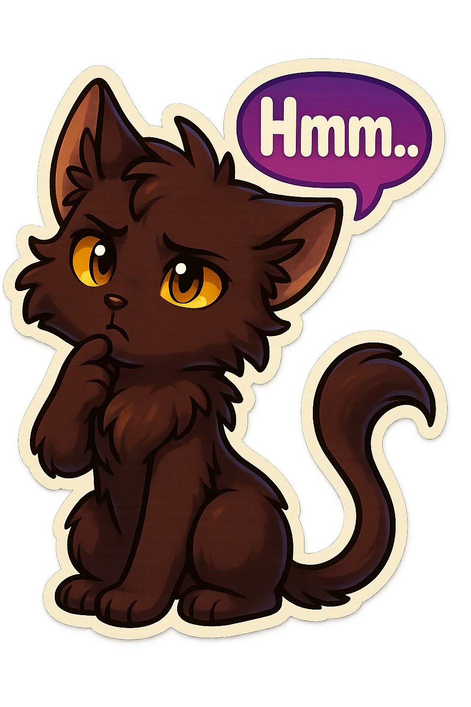a dark-brown fluffy cute kawaii anthropomorphic furry anime cat-furry with tufted ears, golden eyes, and a long thin tufted tail, thinking, frowning thoughtfully, saying “Hmm..” with a purple speech bubble, (cartoon style) (cute anime style) (furry style) (deviantArt style) (artist style: Kamirah) emoji