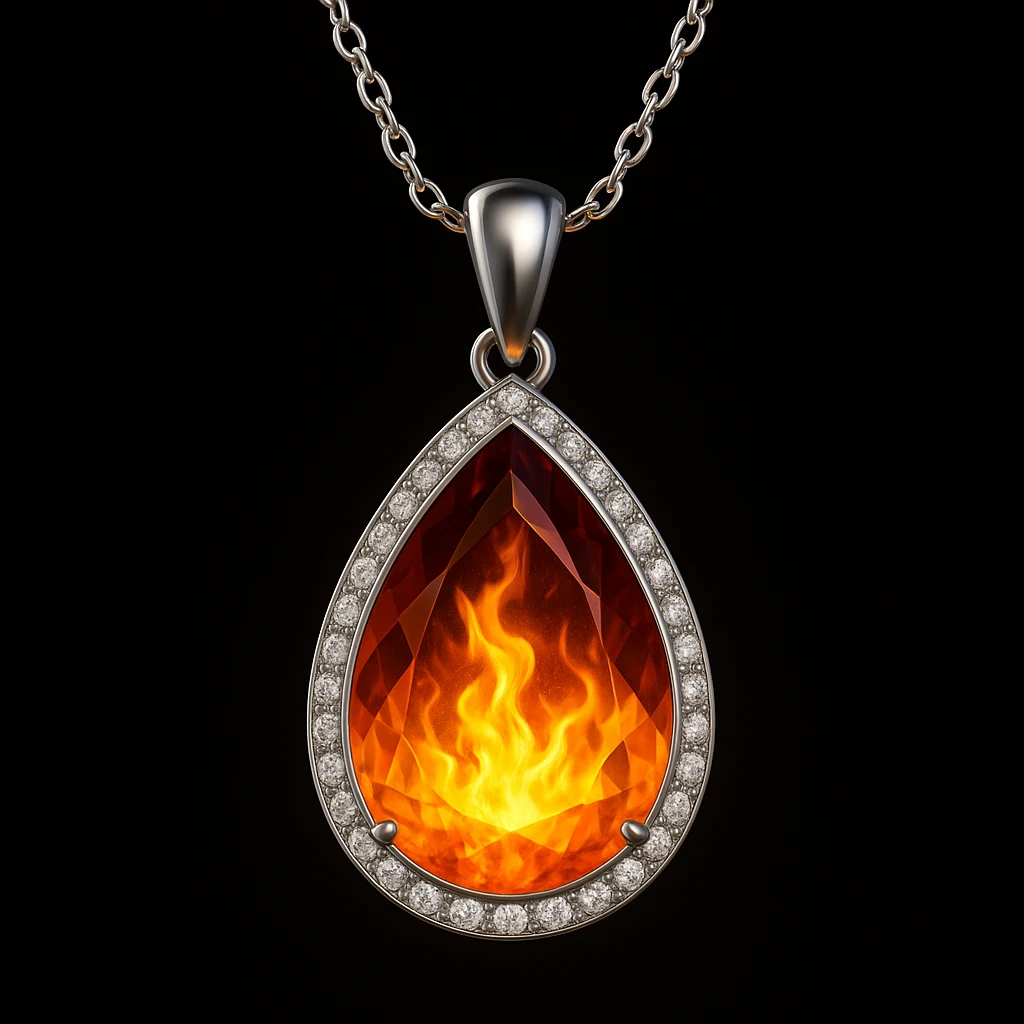 Add a yellow fiery light to the teardrop ruby pendant, representing transformation and rebirth emoji